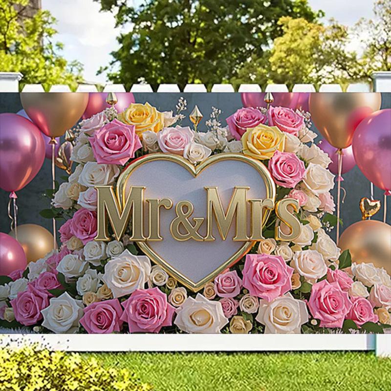 1pc Backdrop with Heart-Shaped Floral Design,Pink&Golden Theme,for Photo Booths,Anniversaries,Weddings,and Festive Decorations,Indoors and Outdoors