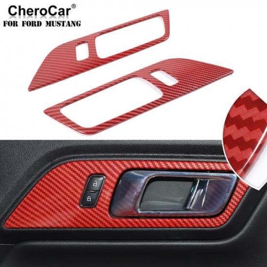 Inner Door Handle Frame Trim Cover Red Carbon Fiber For 2015+ Ford Mustang ABS