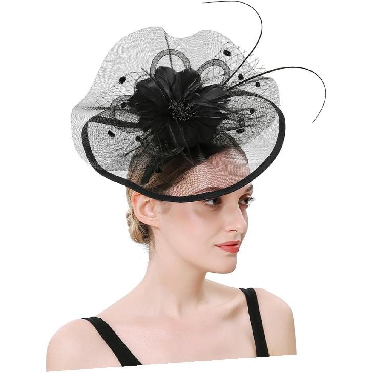 Ipetboom Women’s 1920s Decorative Headpiece with Veil Plume Hair Clip and Headband, Black Tea Party Hat for Wedding Cocktail and Special Occasion