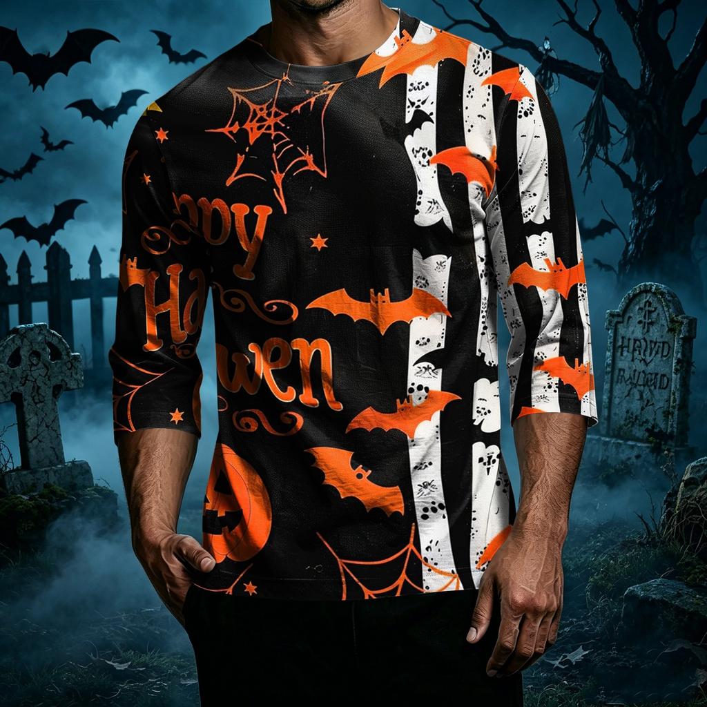Men's Casual Halloween Print Crew Neck T Shirt Three Quarter Sleeve Top Comfortable Fit Seasonal Style