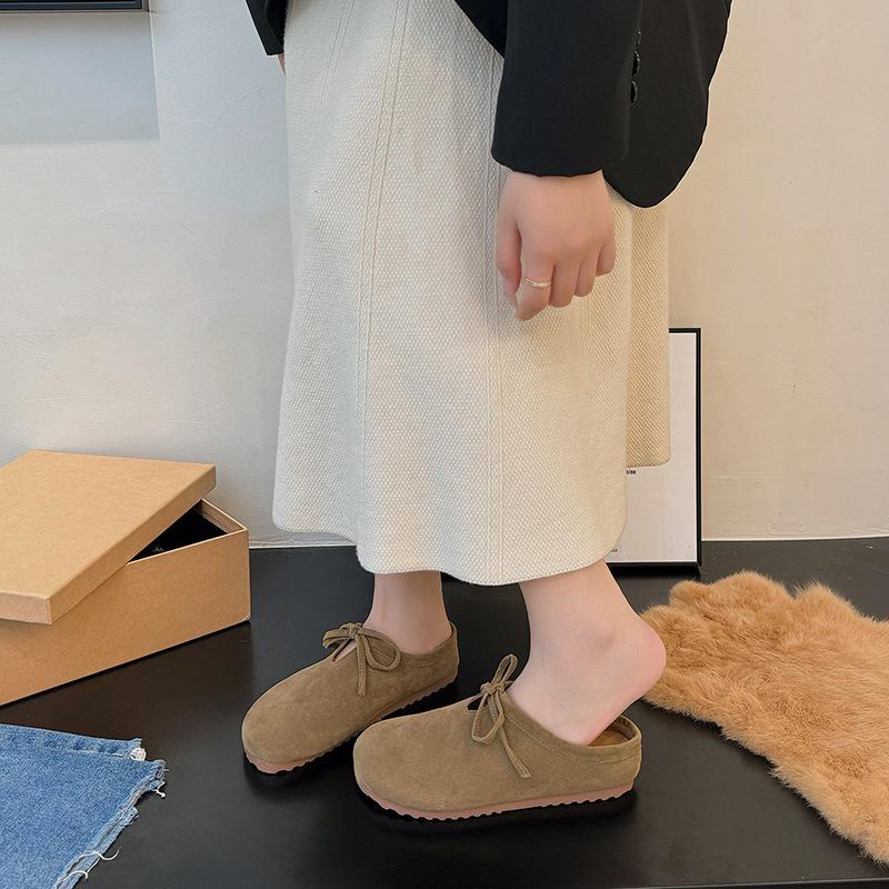 Soft Leather Thick-soled Bag Head Half Slippers Women's Outer Wear 2025 Autumn New Lace-up Pregnant Women Non-slip Ugly Boken Bento