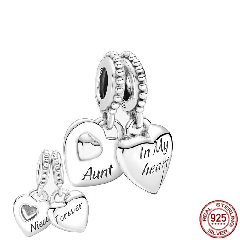 Fine S925 Sterling Silver Love You Mom Double Heart Split Dangle Charm Beads Fit Original  Bracelet DIY Women Jewelry Gift