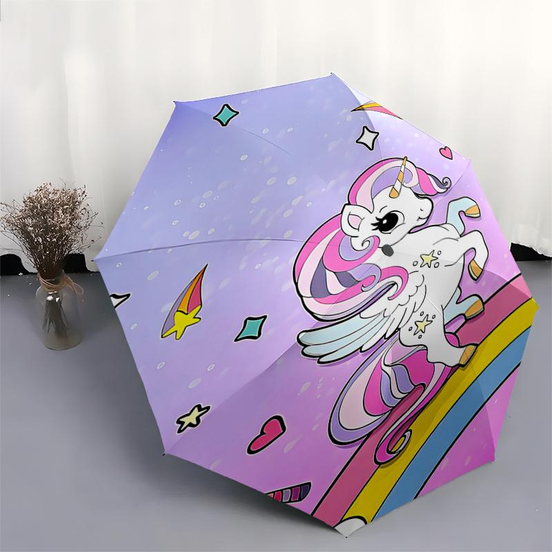 Unicorn Rainbow Automatic Opening/Closing Umbrella - Portable 3-Fold Design with 8-Bone Iron Frame, Perfect for Festivals and Everyday Use,