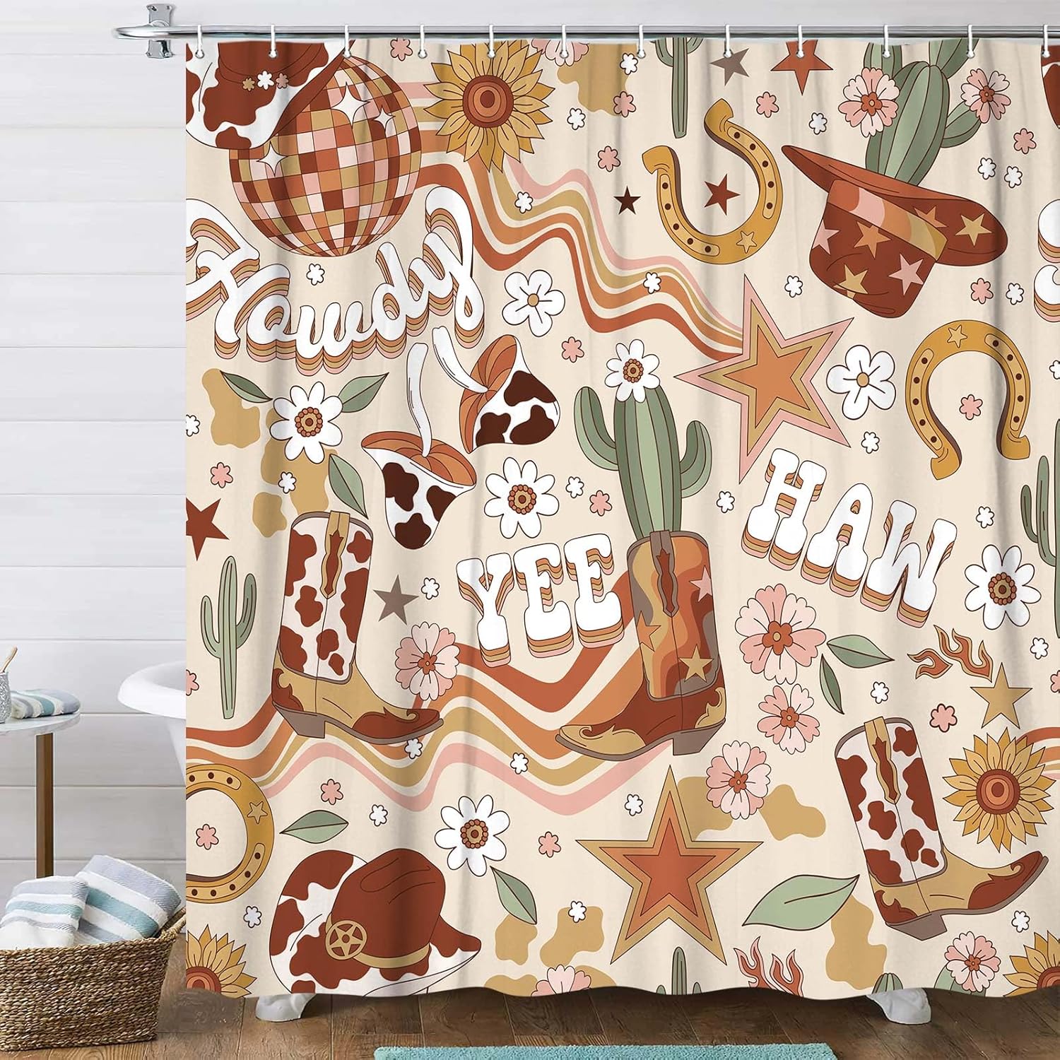 Textile Article Light Cute Western Shower Curtain, Retro 70S Hippie Floral Cowgirl Disco Cowboy Hat Boots Cactus Leopard Mushroom Funky Bathroom Decor
