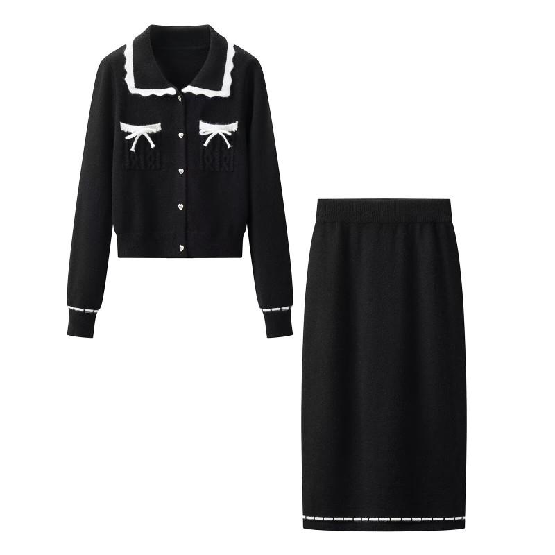 Womens Fall Winter French Chic Knit 2-Piece Set Lace Trim Bow Collar Long Sleeve Outfit