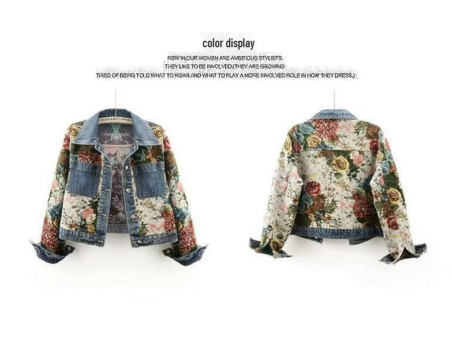 Dámská univerzální retro džínová bunda s patchworkem - Trendy dlouhý rukáv, malý límec