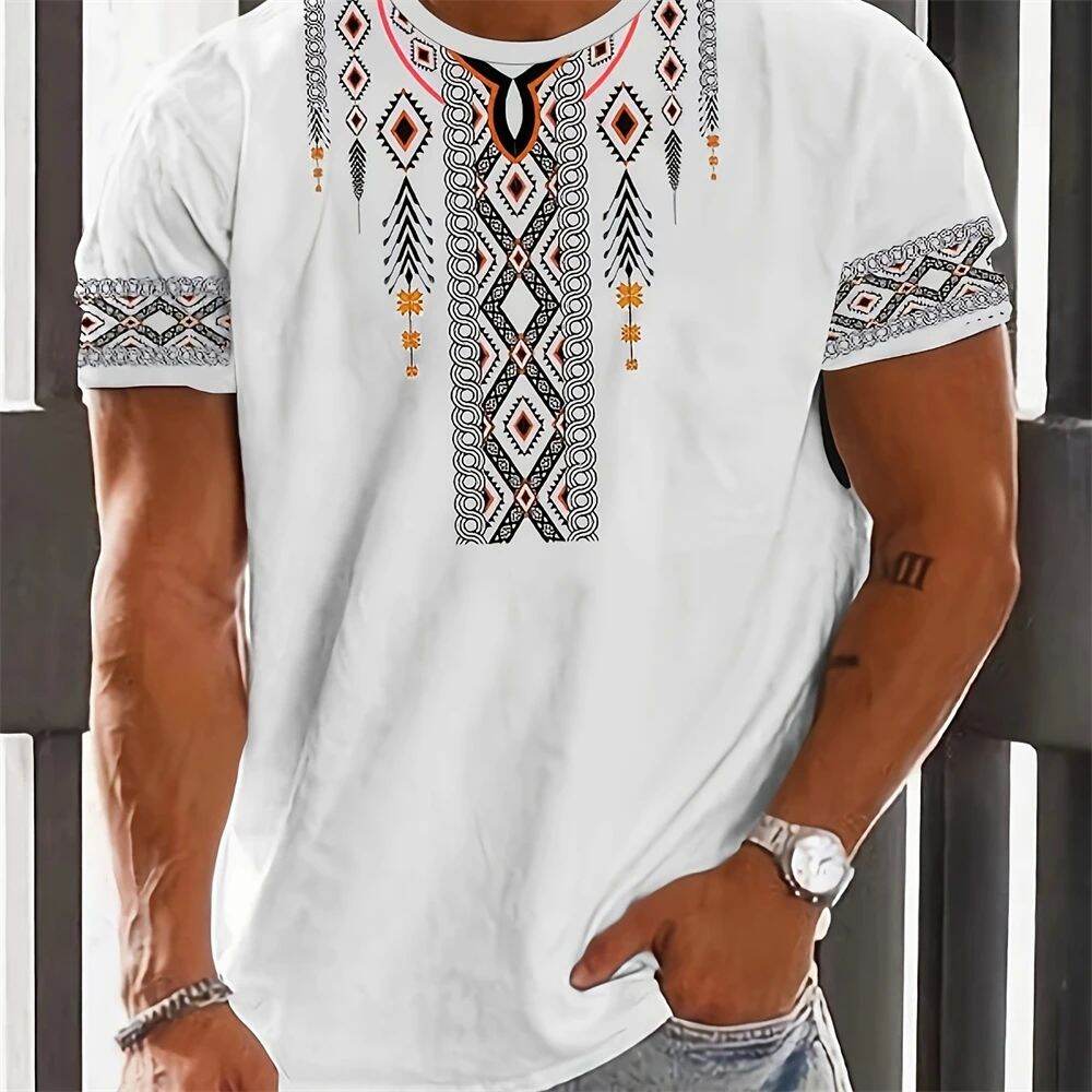 Retro Pattern 3D Printed Men's T-shirt Short Sleeved Slim Fit Spring Fashion