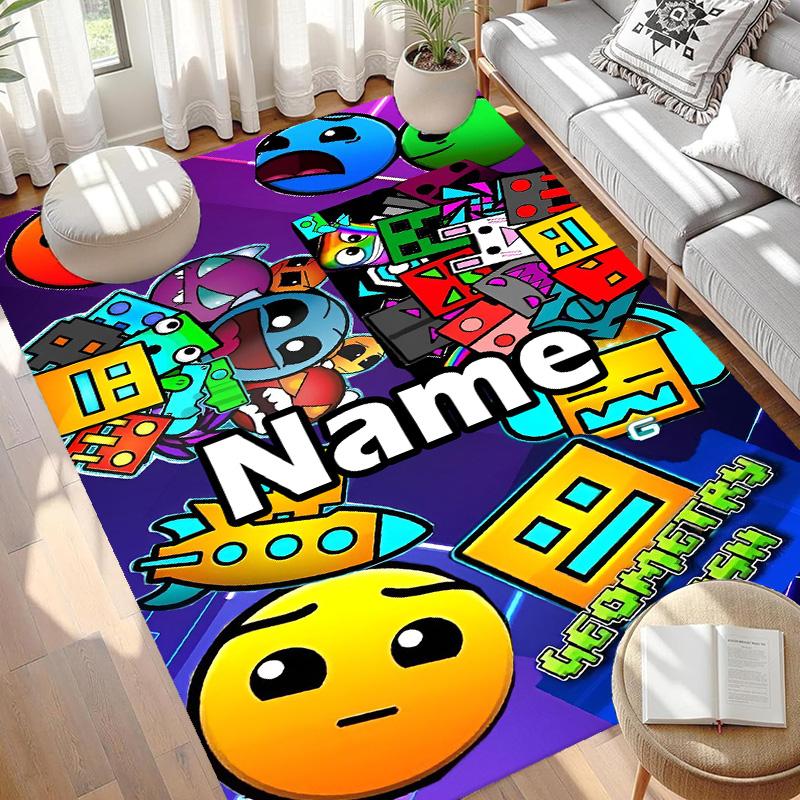 Custom Name Personalized Geometry Dash Print Carpet, Versatile Home Decor Rug, for Playroom, Apartment, Balcony, Entryway, Hallway Gift