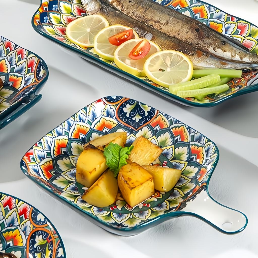 Bohemian Handle Square Ceramic Plate, Creative Household Dish Plate, Internet Celebrity Fruit Pasta Plate, High-value Snack Plat