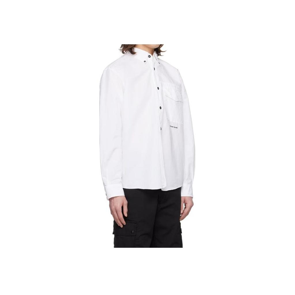 Stone Island Button-Down Collar Letter Print Long Sleeve Shirt Men shirts White 801511701-V0001