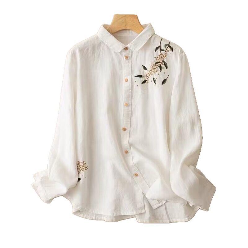 Hong Kong Style Embroidered Cotton Linen Shirt - Artistic Retro Casual Top for Women, Spring/Autumn 2025.