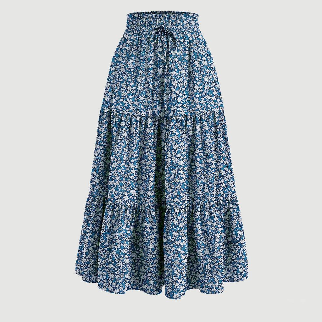 Kadın Modası Düz Renk Çiçekli Bağcıklı Elastik Bel Bol Uzun Etek