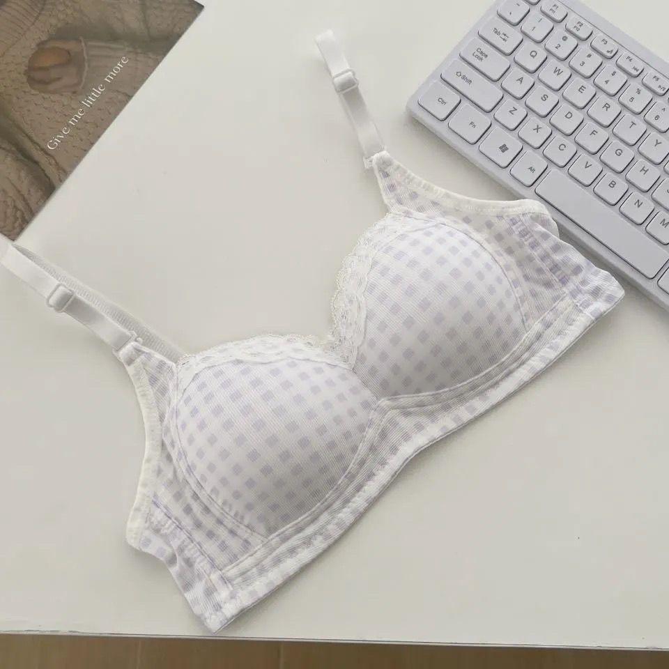 Sweet Underwear Women's Lace Edge Plaid Small Breasts Gathered Without Steel Rim Student Thin Breathable Anti-sagging Girl Bra