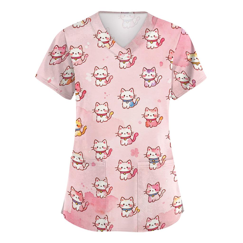 Womens V Neck Short Sleeve Work Shirt with Pockets Animal Print Top Medical Uniform Scrub Tee for Healthcare Professionals