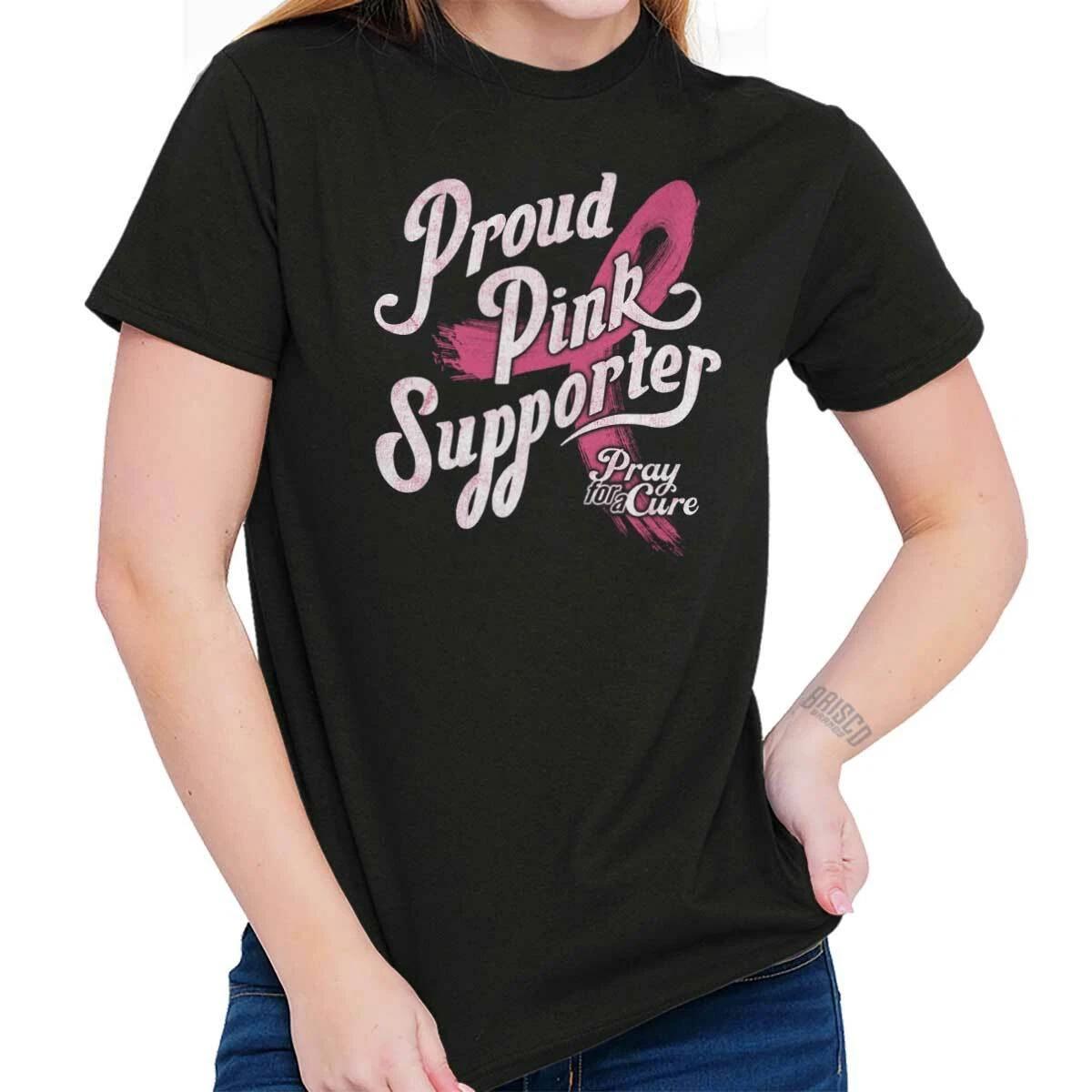 Proud Pink Ribbon Supporter Breast Cancer Womens Graphic Crewneck T Shirt Tee L