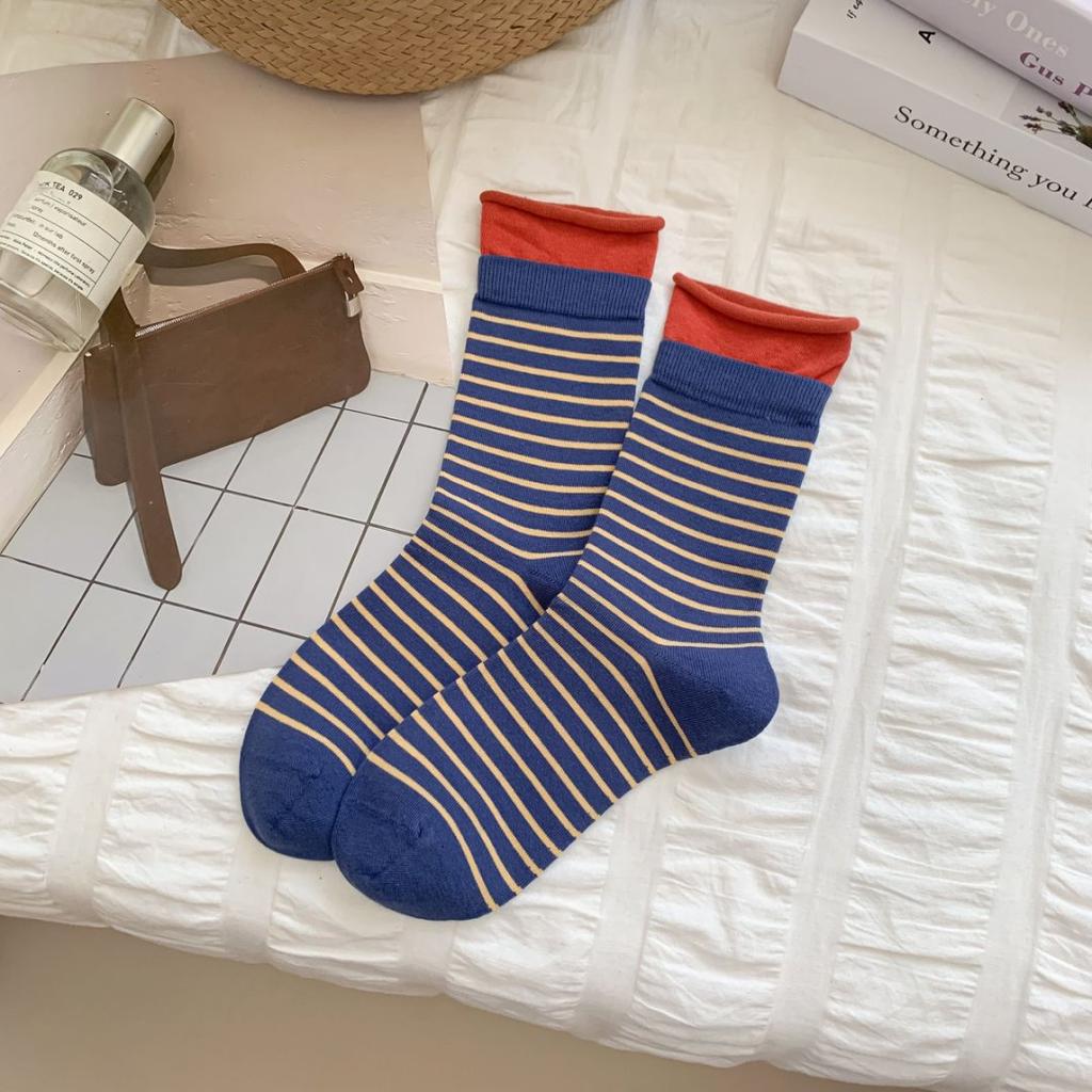 Autumn Trend Socks Double Groove Stripe Contrast Socks Breathable Combed Cotton Mid-Leg Socks
