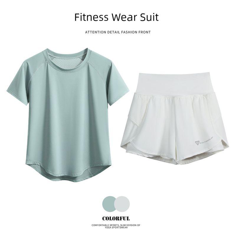

2025 Spring and Summer New Sports Short sleeve Women Elastic Quick-Drying Breathable Fitness Top Training Running Yoga Clothes Slimming Green + white shorts Two-piece set XL