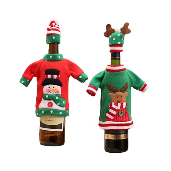 1 Set Bottle Cover Reusable Cartoon Pattern Knitted Fabric Christmas Winebottle Dress for Decorating