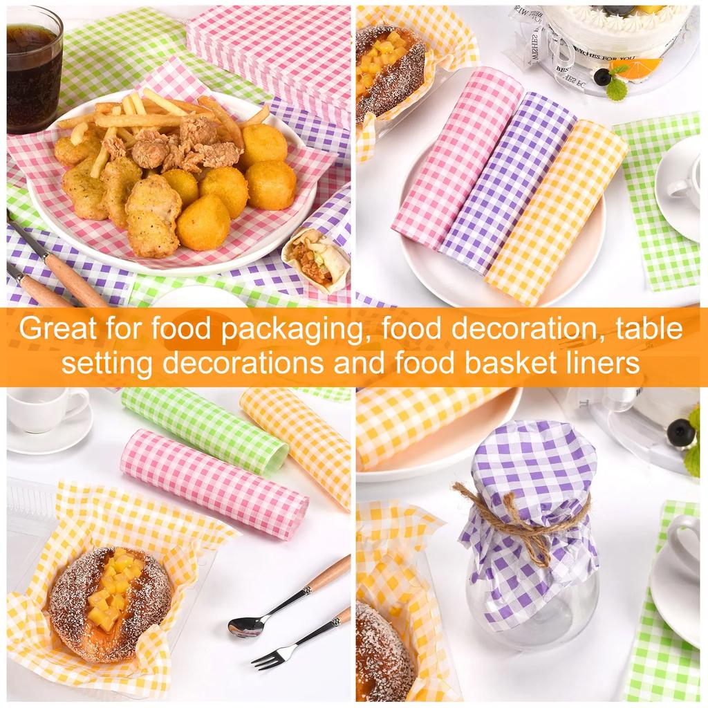 400Pcs Greaseproof Paper Liners Waterproof Sandwich Paper Wraps Plaid Food Wrapping Paper 4 Colors Paper Basket Liner Paper