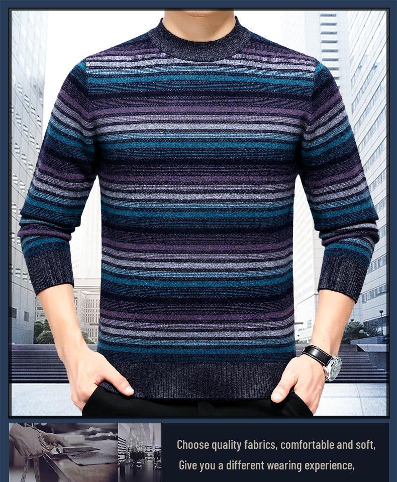 Men's Winter Thick Cashmere Sweater - Round Neck Business Casual Striped Merino Wool Knitwear.