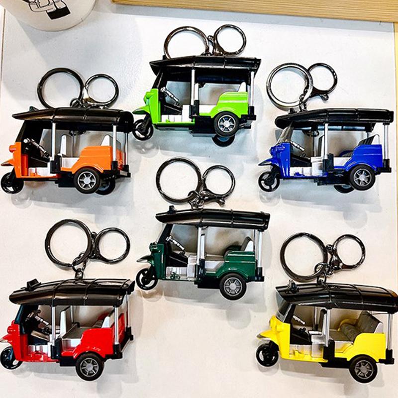 1Pc Three Wheeled Motorcycle Toy Tricycle Retro Simulation Model Keychain Diecast Autorickshaw Car Model Figure Toys For Kids