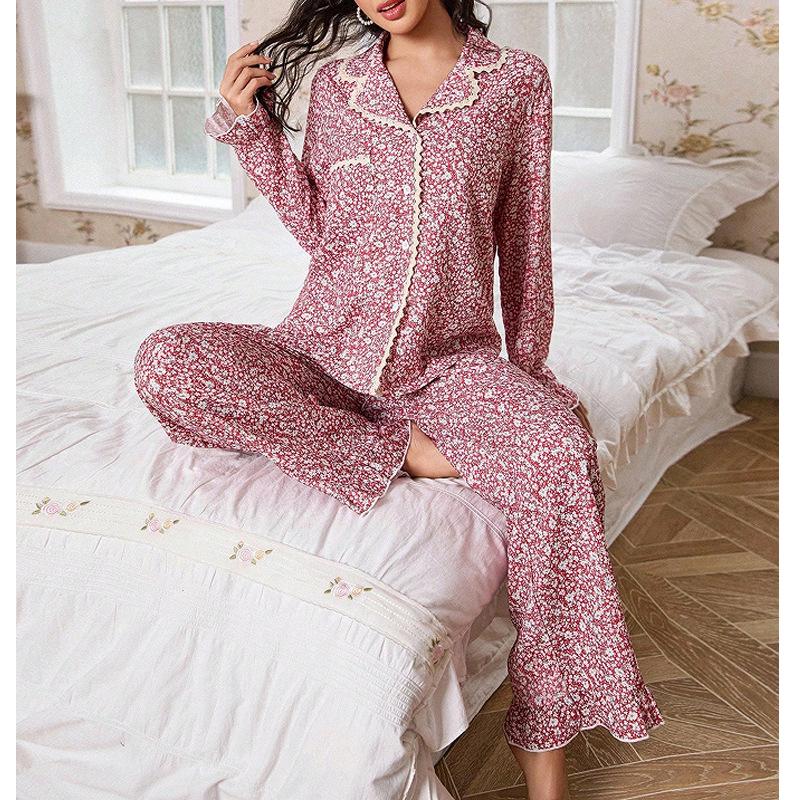 Spring Floral Lace Pajama Set: European & American Style, Long Sleeve, Lapel Design for Women