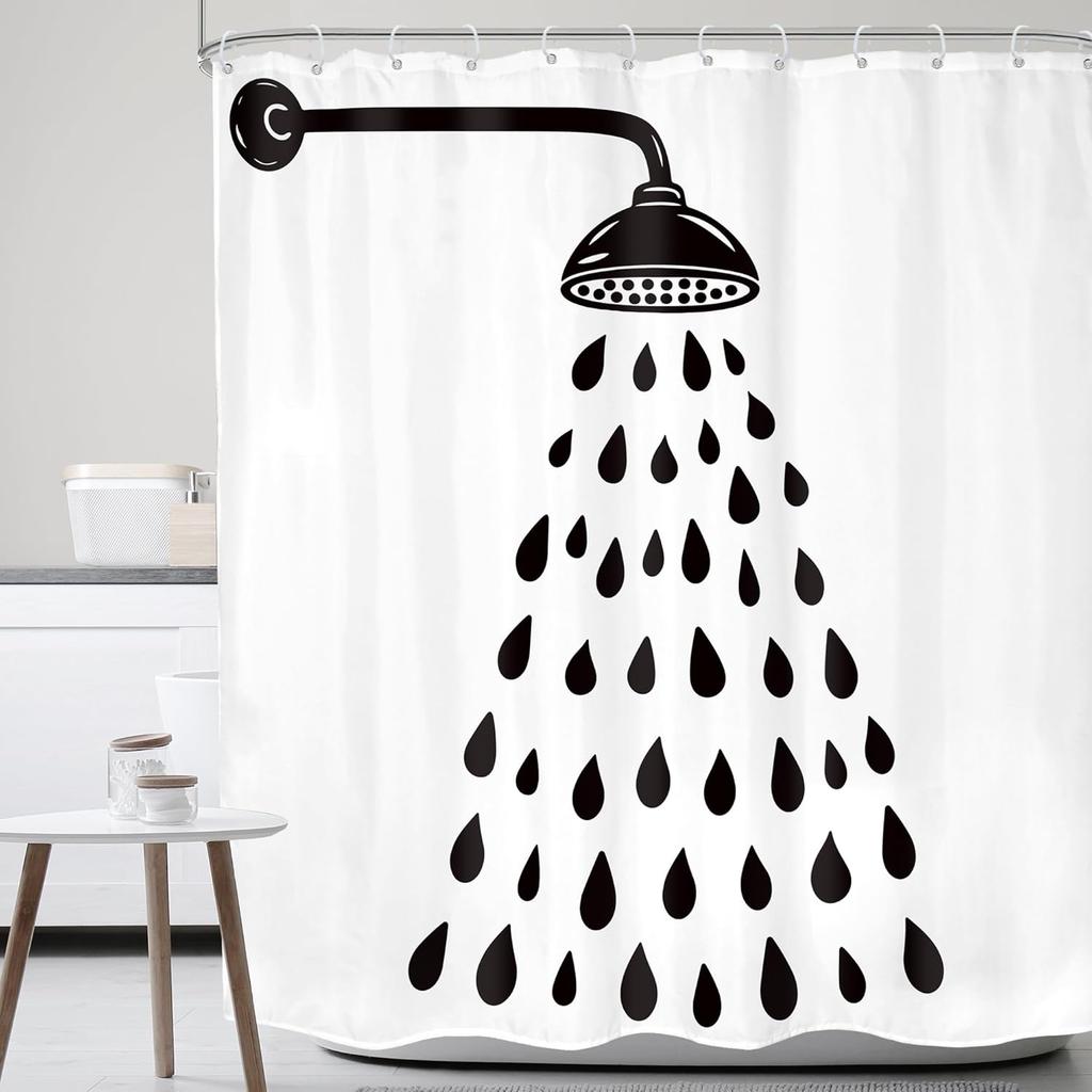Black and White Shower Curtain, Funny Fun Kids Cute Water Drop Modern Simple Silhouette Minimalist Bathroom Decor Cartoon Bath