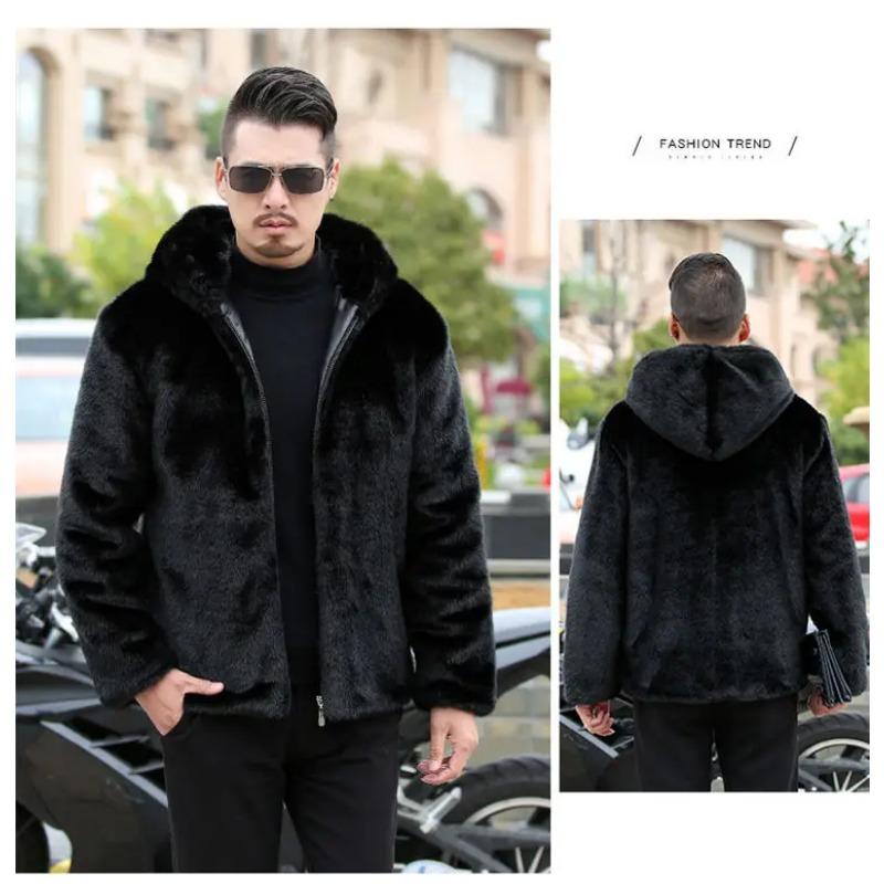 2025 New Arrival Top Fashion Winter Warm Flowing Gold Mink Imitation Sheep Sheared Fur Zipper Men's Solid Hooded Jacket