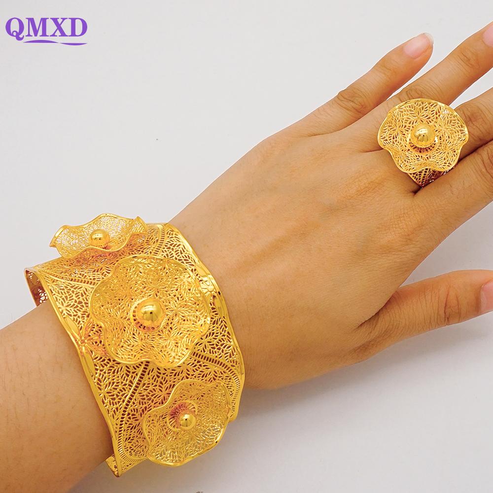Dubai Gold Color Bangle With Ring For Women Charm Chain Cuff Bracelet Indian Bracelet Arabic France Bridal Wedding Jewelry Gifts