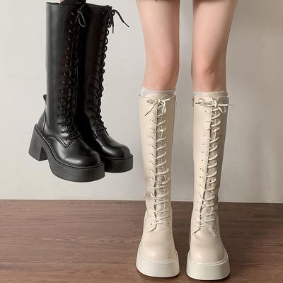 Winter Design Plattform Quadratische Absätze Damen Kniehohe Stiefel Streetstyle Höhenerhöhung Schlank Weiblich Ritter Stiefeletten