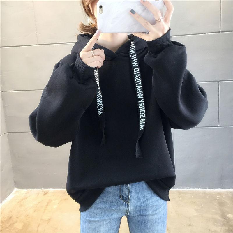 Hooded sweater women's autumn and winter raw loose girlfriends clothes fleece thickened top