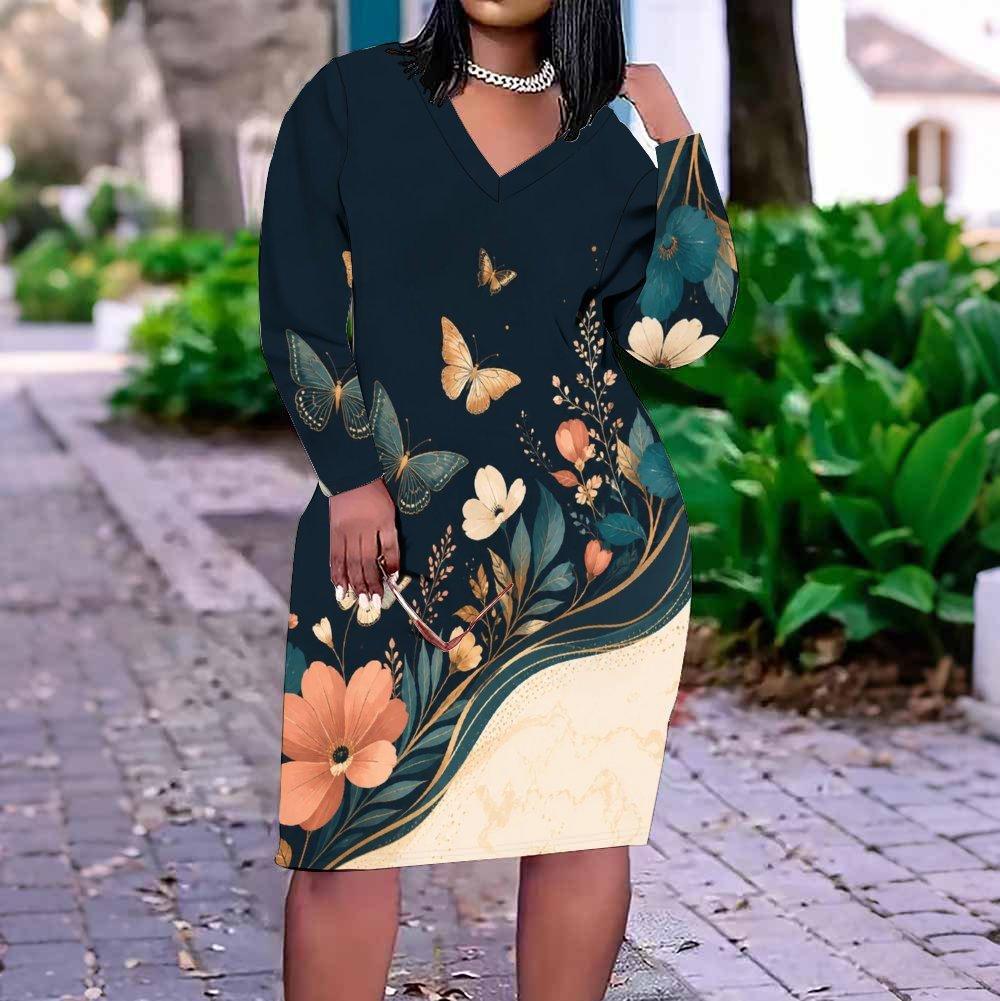 Women Plus Size V Neck Long Sleeve Floral Butterfly Printed Fitted Straight Dress