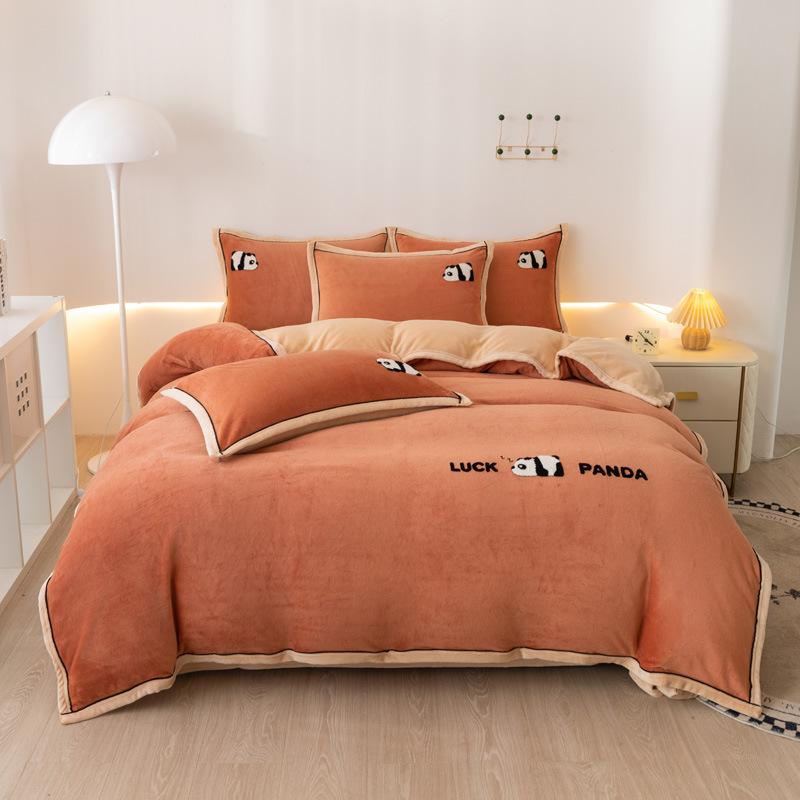 Panda Thickened Milk Fleece Embroidery Four-Piece Set Thermal Bedding Kit Student Three-Piece Set