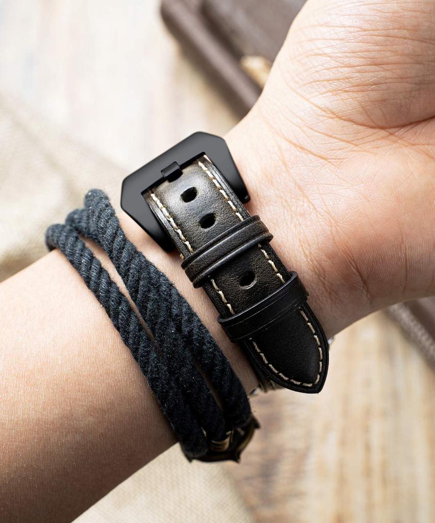 BINLUN Leather Watch Band, Oil Waxed Calf Leather Strap, Retro Classic Style Replacement Band, 5 Sizes (18-26mm), with Pin Buckle (Black, 26mm)