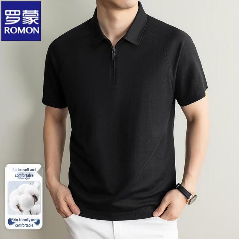 ROMON Men s Cotton-Linen Short Sleeve Zipper Polo Shirt 4XL