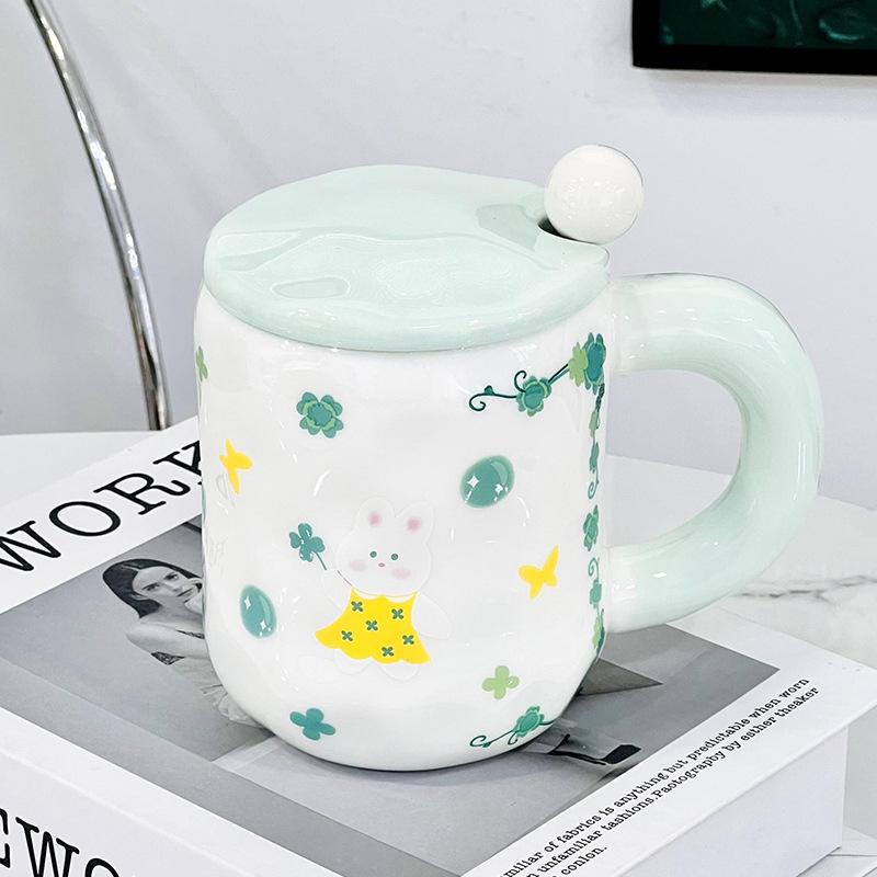 New Creative Cherry Blossom Ceramic Water Cup with Lid Spoon Heat resistant Cup Home Office Relief Mug Girl Heart