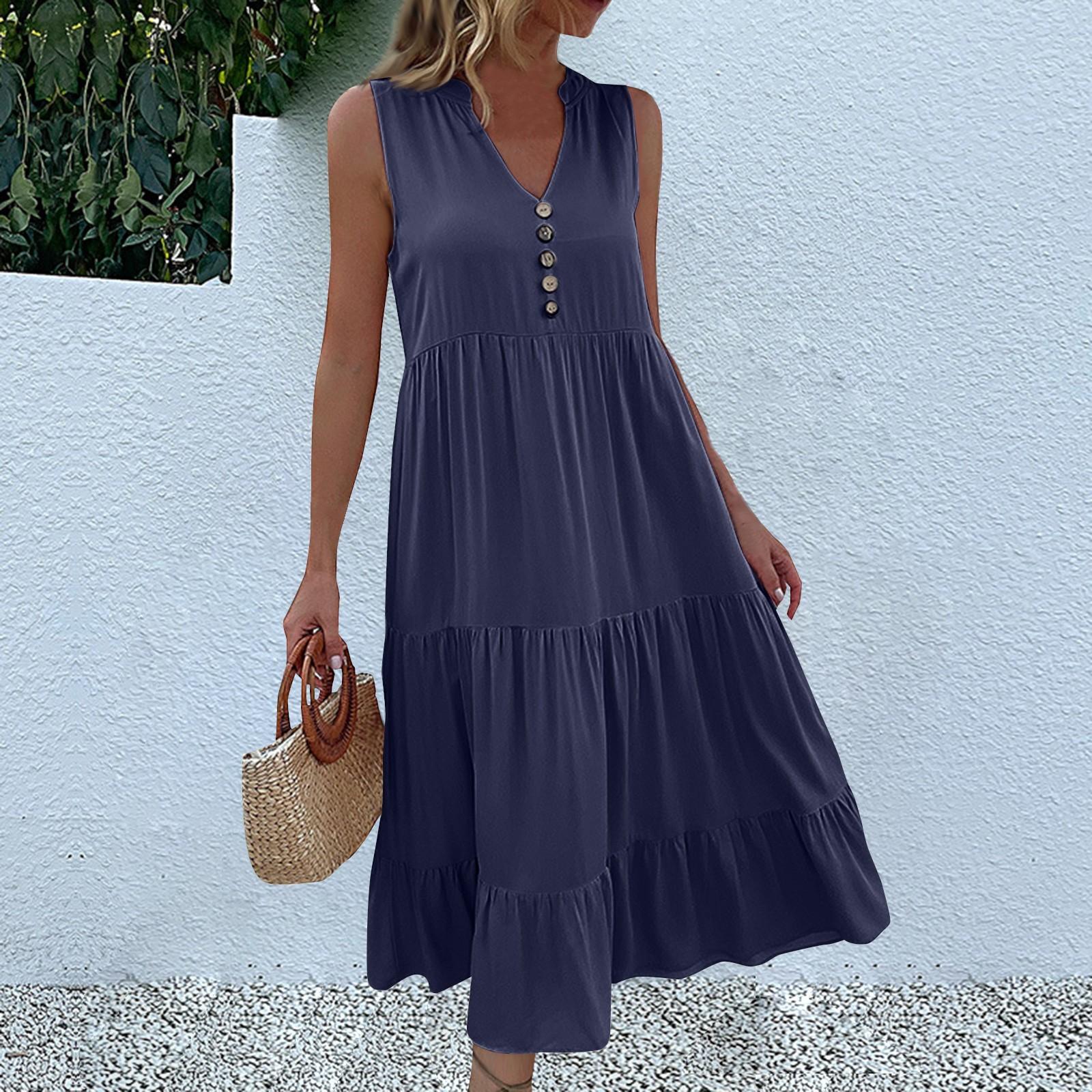 

Жіноча літня мода Вільна майка Сукня Повсякденна без рукавів Однотонні сукні L Темно-синій