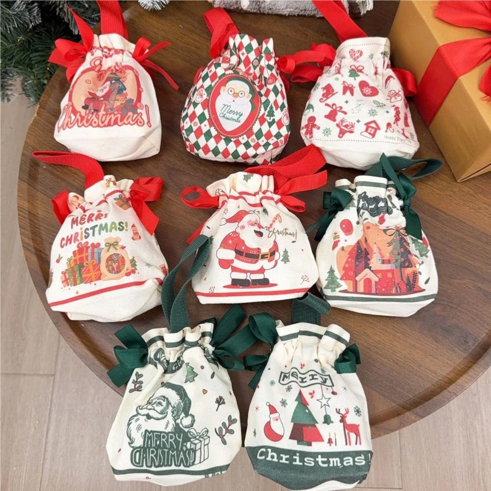 Christmas Canvas Drawstring Bag Christmas Candy Gift Packaging Bag Cartoon Handbag for Apple DIY New Year Xmas Home Party Supply