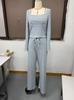 Women's Loose Fit Two Piece Outfit Set Long Sleeve Square Neck Crop Top Drawstring Waist Wide Leg Striped Tracksuit Loungewear