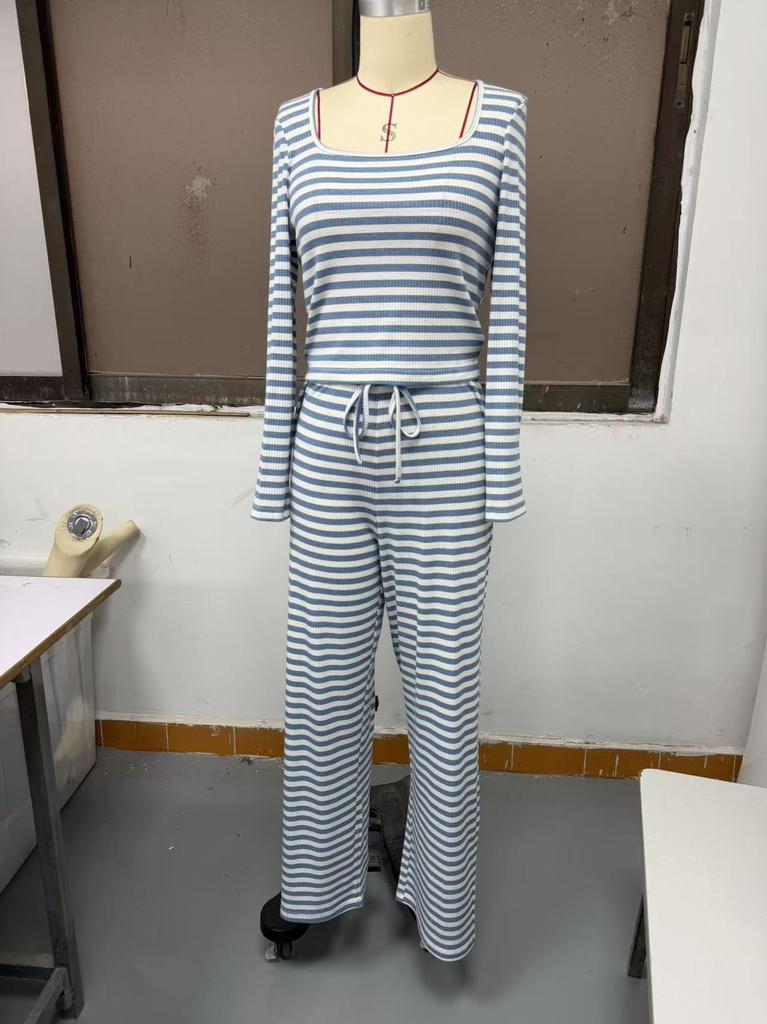 Women's Loose Fit Two Piece Outfit Set Long Sleeve Square Neck Crop Top Drawstring Waist Wide Leg Striped Tracksuit Loungewear