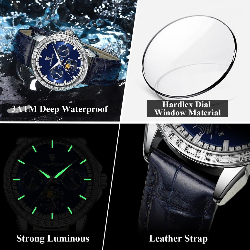 Herren-Quarzuhr mit Diamantenbesatz, Drei-Augen-Sechs-Zeiger-Mondphasen-Zifferblatt, Wasserdichte Herrenuhr mit Leuchtzeigern für Business und Freizeit, Geschenk für die Feiertage