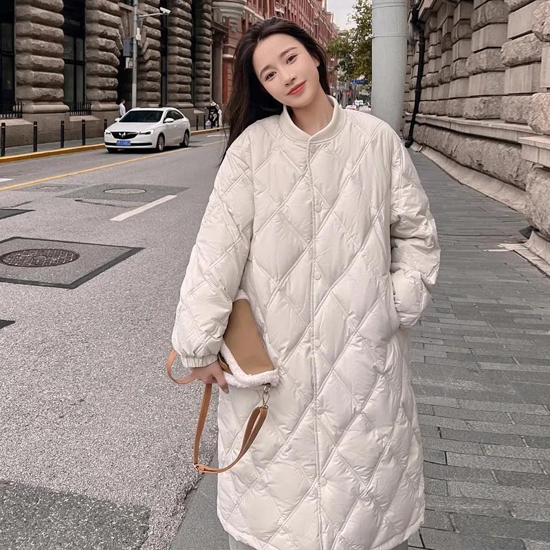 Autumn Winter Down Cotton Jacket Women's Long Over Knee Loose Jacket Diamond Grid Quilted Jacket Fake Two-Piece Parka