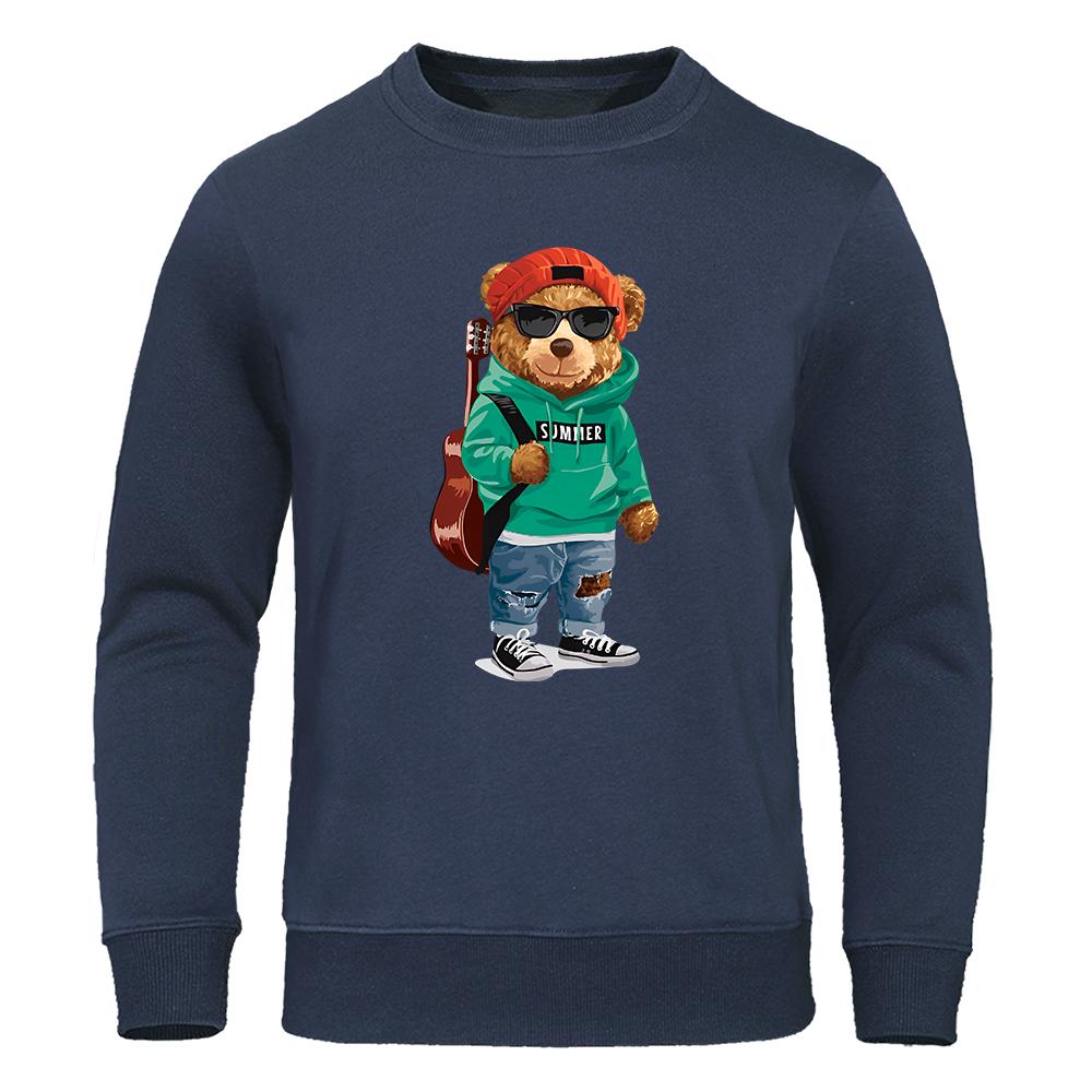 Cool medveď s gitarou a slnečnými okuliarmi Vtipná mikina pre mužov Oblečenie Crewneck Pulóver Voľná Oversize Mikina s kapucňou