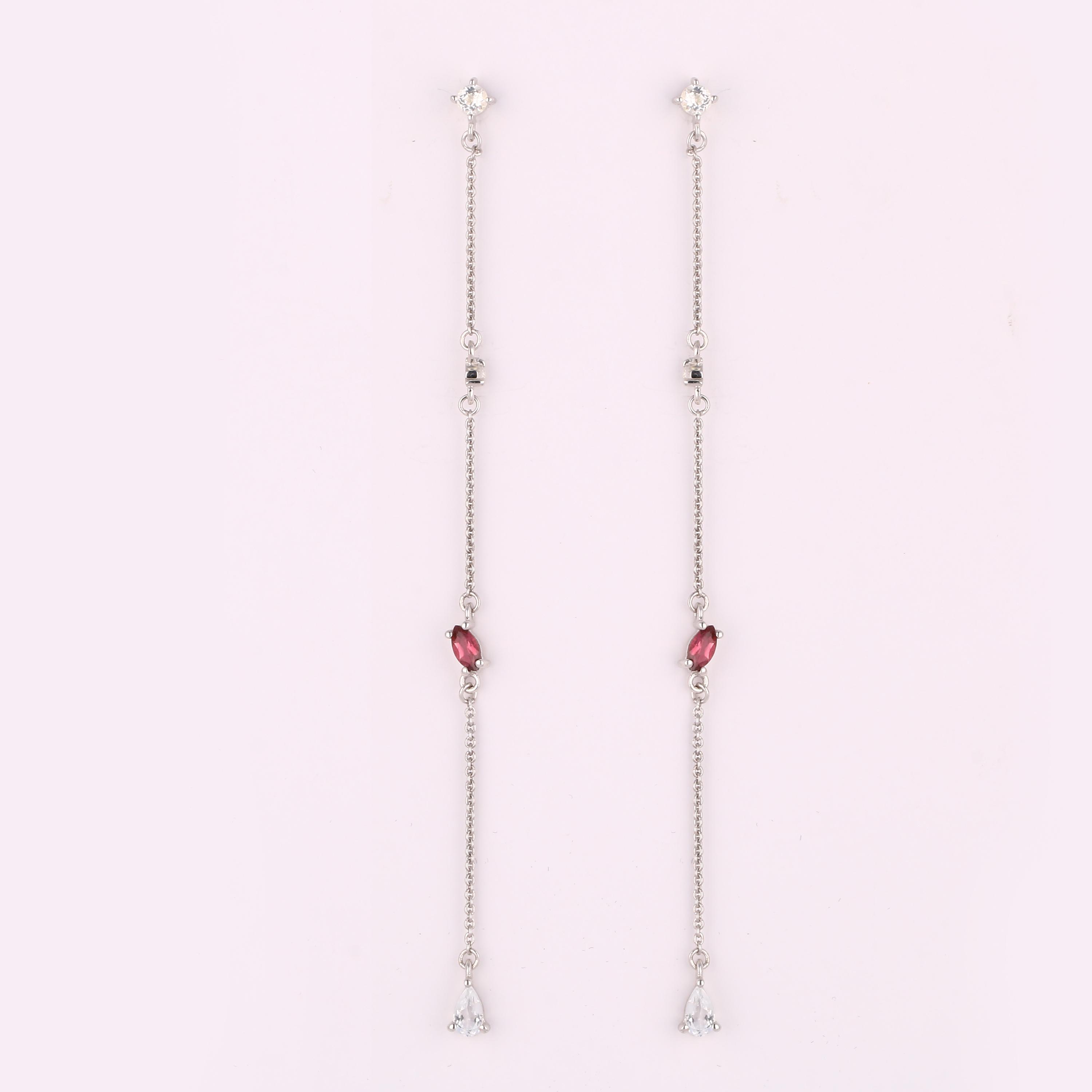 

White Topaz & Pink Tourmaline Earrings 925 Sterling Silver Rhodium Jewelry Gift for Her срібний