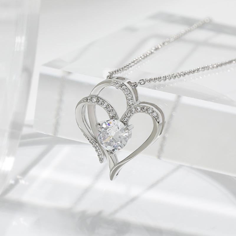 Platinum Double-Heart Pendant Necklace For Women, Heart-To-Heart, Elegant Temperament, Advanced Sense, Inlaid With Zircon Love Necklace