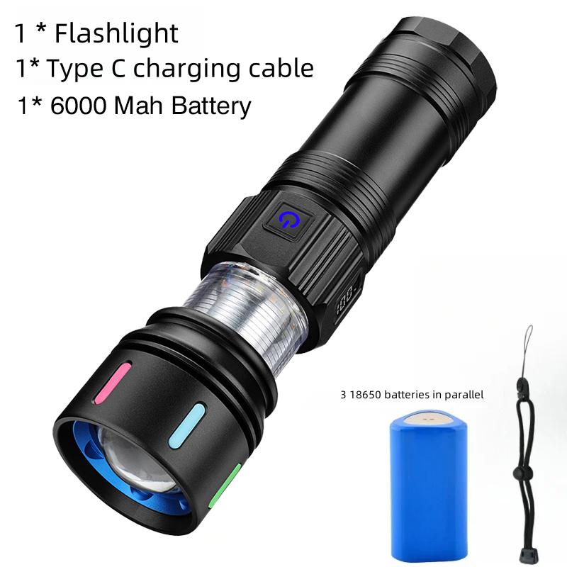Super Bright 7070 LED Flashlight USB Rechargeable Tactical Zoom Flashlights with Red Yellow White Blue Light Spotlights Torch