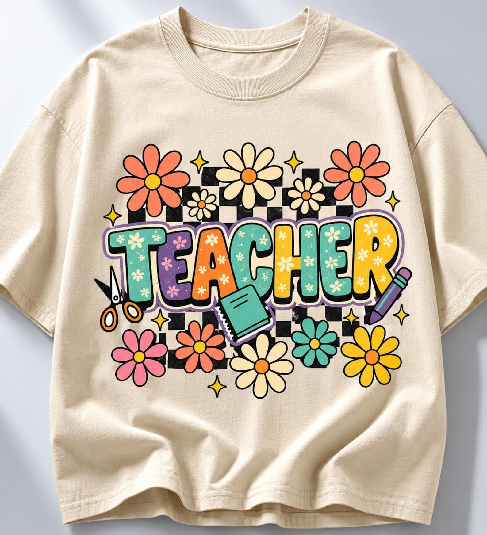 Retro Teacher Shirt | Cute Daisy Teacher Tee | Groovy Floral Classroom Shirt | Back To School Teacher Gift 4XL