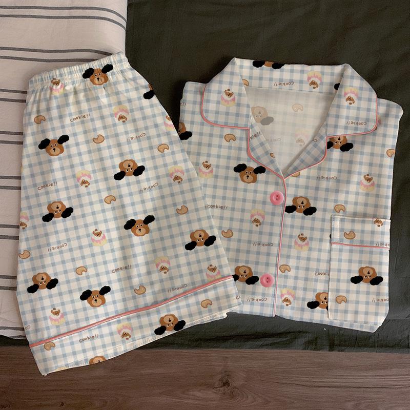 Cute Cute Puppy Pajamas Women'S Summer Thin Plaid Cartoon Loose Loungewear Short-Sleeved Suit