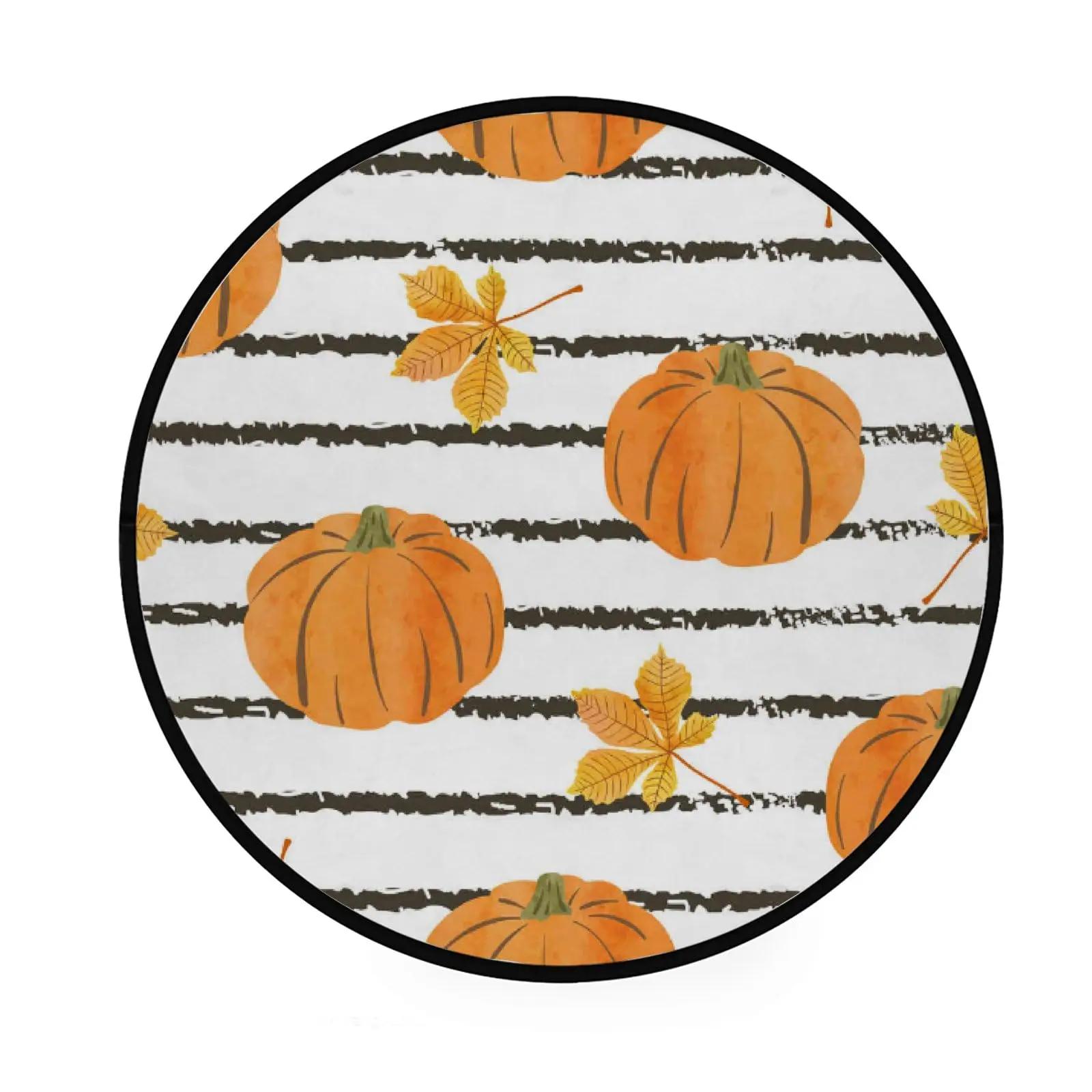 

Fall Pumpkin Round Rug for Bedroom Thanksgiving Decor Circle Non Slip Carpet Maple Leaves Floor Mat for Bath Living Room Kitchen 40x40cm