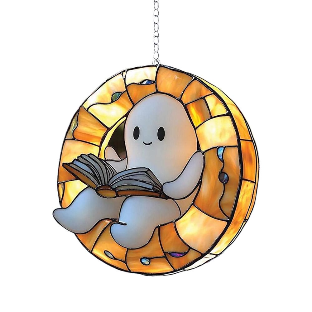 Acrylic Halloween Ghost in Bathtub Window Hanging Ornament Cute Ghost Reading Book Decor Home Bedroom Living Room Decorations